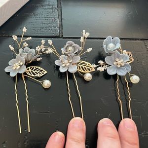 Bridal Hair Pins, Pearl Crystal Flower, Periwinkle Blue and Gold